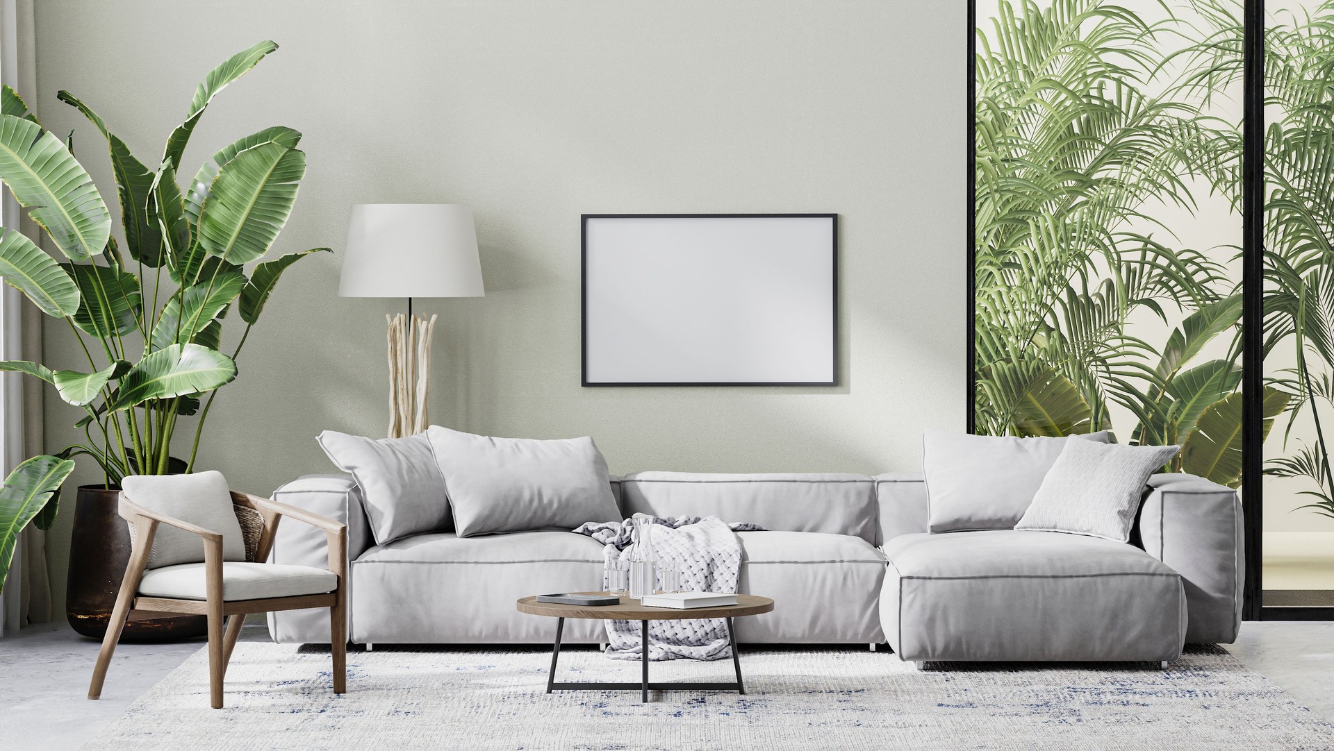 picture frame in living room interior mock up in gray tones with tropical palm tree leaves