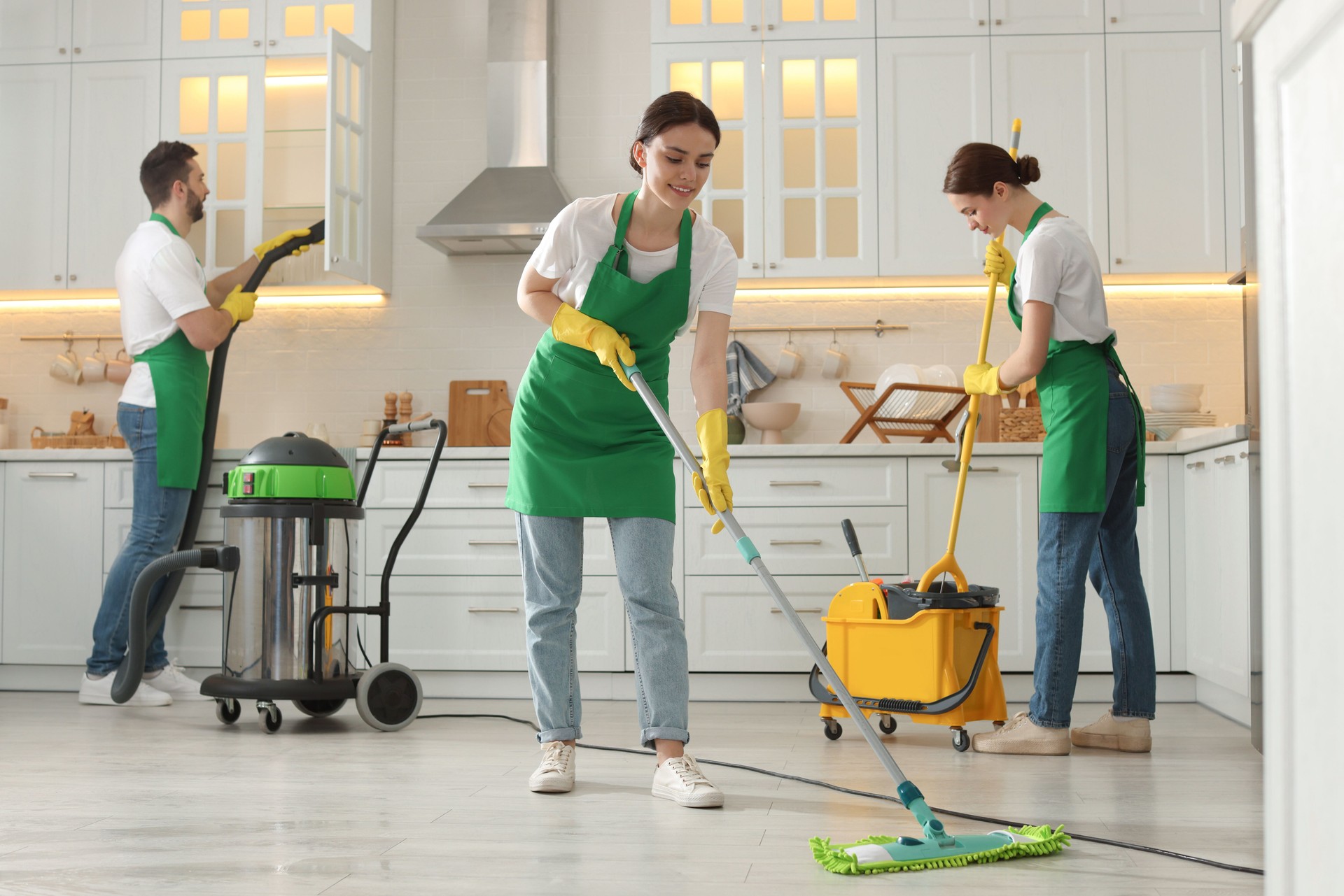 Team of professional janitors working in kitchen